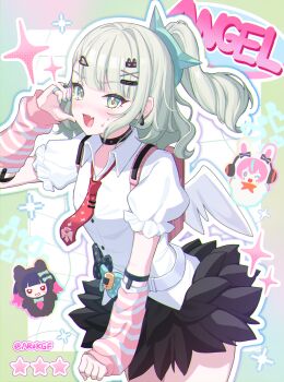 Rule 34 | 1girl, absurdres, aqua nails, arm up, arm warmers, arukgf, bandaid, bandaid hair ornament, black bow, black skirt, blush, border, bow, chinatsu remiel, collar, commentary request, cowboy shot, earrings, fang, frilled sleeves, frills, fur-trimmed skirt, fur trim, green border, green bow, green eyes, green hair, hair ornament, heart, heart hair ornament, highres, jewelry, looking at viewer, multiple hair clips, multiple rings, musical note earrings, necktie, open mouth, pink arm warmers, pink bag, polka dot, polka dot bow, ponytail, red necktie, ring, rokudu sariel, shirt, skin fang, skirt, solo, sparkle, star (symbol), striped arm warmers, sweat, twitter username, white background, white shirt, white wings, winged bag, wings, yutane johiel, zenless zone zero