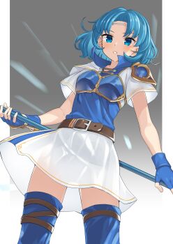 1girl absurdres armor bare_arms blue_armor blue_eyes blue_gloves blue_hair boots breastplate circlet commission commissioner_upload couzone cowboy_shot fingerless_gloves fire_emblem fire_emblem:_the_binding_blade gloves grey_headband headband highres holding holding_polearm holding_weapon nintendo non-web_source pixiv_commission polearm short_hair short_sleeves simple_background skirt solo spear thea_(fire_emblem) thigh_boots thighhighs thighs weapon white_skirt zettai_ryouiki