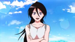 Rule 34 | 1girl, :d, bare arms, black hair, bleach, bleach: epilogue, blue sky, collarbone, commentary, crossed arms, day, double-parted bangs, dress, gwao ( ul 13), hair between eyes, highres, kuchiki rukia, lens flare, long hair, looking at viewer, open mouth, outdoors, purple eyes, sky, sleeveless, sleeveless dress, smile, solo, straight-on, straight hair, sundress, symbol-only commentary, teeth, upper body, upper teeth only, v-shaped eyebrows, very long hair, white dress, wide-eyed
