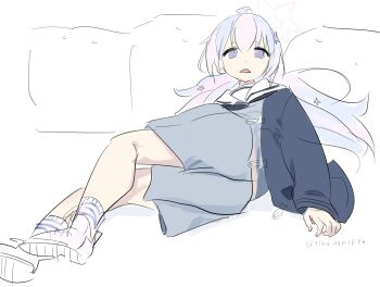 1girl ahoge artist_name bent_back black_jacket blue_archive candy_moon777 grey_serafuku hair_ornament halo highres jacket long_hair lying no_pupils open_clothes open_jacket pink_hair pink_halo purple_eyes purple_hair reisa_(blue_archive) sailor_collar school_uniform serafuku shoes sketch socks solo star_(symbol) star_hair_ornament white_sailor_collar white_shoes white_socks