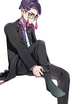 1boy adjusting_sock black-framed_eyewear black_coat black_pants closed_mouth coat collared_shirt commentary_request corbeau_(pokemon) glasses green_socks highres invisible_chair looking_down male_focus necktie nintendo nyoripoke open_clothes open_coat pants pokemon pokemon_legends:_z-a purple_shirt ribbed_socks round_eyewear shirt short_hair sitting socks solo undercut white_necktie yellow_eyes