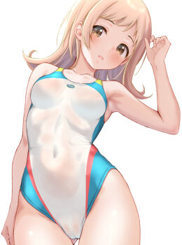 1girl armpits blue_one-piece_swimsuit blush breasts brown_eyes brown_hair ca_paria cameltoe commentary_request competition_swimsuit covered_navel highleg highleg_one-piece_swimsuit idolmaster idolmaster_shiny_colors looking_at_viewer medium_breasts medium_hair multicolored_swimsuit one-piece_swimsuit open_mouth red_one-piece_swimsuit sakuragi_mano see-through_clothes see-through_one-piece_swimsuit simple_background solo swept_bangs swimsuit wet wet_clothes wet_swimsuit white_background white_one-piece_swimsuit