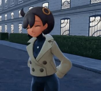 1girl animated animated_gif arms_behind_back black_bodysuit black_hair bodysuit bodysuit_under_clothes closed_eyes cowboy_shot dark-skinned_female dark_skin emma_(pokemon) jacket nintendo outdoors pokemon pokemon_legends:_z-a road shiny_clothes short_hair smile solo street wide_hips