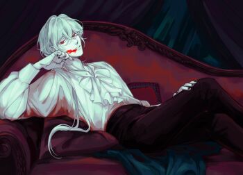 1boy a_date_with_death black_gloves black_nails black_shirt blanket blood blood_on_face blood_splatter blouse casper_(a_date_with_death) chaise_longue crossed_legs feet_out_of_frame frills gloves grey_jacket grin hand_on_own_chin hand_on_own_leg highres jacket jacket_on_shoulders jellyfish_cut long_sleeves looking_at_viewer male_focus muscular muscular_male official_art pillow promotional_art red_eyes shirt short_hair sitting sleeveless sleeveless_shirt smile solo textless_version white_hair white_shirt