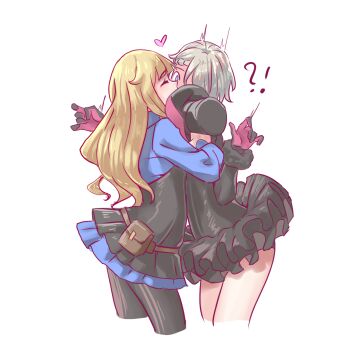 Rule 34 | !?, 2girls, ange (princess principal), anjuro zeeku, black dress, black gloves, black pantyhose, blonde hair, blue eyes, braid, dress, gloves, hat, heart, highres, hug, kiss, long hair, long sleeves, multiple girls, pantyhose, pouch, princess (princess principal), princess principal, red gloves, short hair, standing, two-tone gloves, unworn hat, unworn headwear, yuri