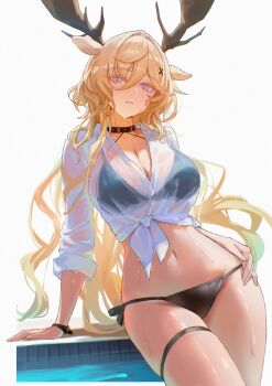 1girl absurdres alternate_costume animal_ears antlers arknights arm_support bikini bikini_top_under_shirt bikini_under_clothes black_bikini black_choker blonde_hair breasts choker cleavage commentary_request cover deer_antlers deer_ears deer_girl hair_between_eyes hair_intakes hair_ornament highres horns large_breasts long_hair looking_at_viewer navel poolside purple_eyes see-through_clothes see-through_shirt shirt simple_background skindentation sleeves_rolled_up solo stomach swimsuit textless_version thigh_strap thighs tied_shirt uof viviana_(arknights) wet wet_clothes wet_shirt white_background white_shirt x_hair_ornament