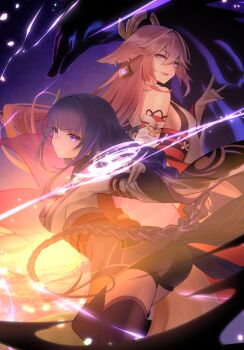 2girls animal_ear_piercing animal_ears ass ass_focus back back_bow bare_shoulders black_panties black_thighhighs blunt_bangs blurry blurry_background bow braid breasts closed_mouth cloud cloudy_sky commentary_request couple detached_sleeves electric_guitar fang fox_ears fox_girl fox_shadow_puppet bad_tag from_side genshin_impact guitar hair_between_eyes hair_intakes hair_ornament hair_ribbon headpiece highres instrument japanese_clothes kimono long_braid long_hair long_sleeves looking_to_the_side mikan_(xalka) mitsudomoe_(shape) multicolored_eyes multicolored_hair multiple_girls no_mole nontraditional_miko off_shoulder open_mouth outdoors panties pink_hair powering_up purple_eyes purple_hair purple_kimono raiden_shogun red_sash ribbon sash shade sideboob single_braid sky streaked_hair thighhighs thighs tomoe_(symbol) underwear wide_sleeves yae_miko yuri