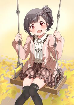 1girl absurdres asymmetrical_bangs asymmetrical_hair belt birthday black_hair black_thighhighs blunt_bangs brown_belt brown_skirt buttons cardigan chain clenched_hands commentary_request dot_nose feet_out_of_frame frilled_skirt frills gradient_background hair_bun hair_ribbon hands_up head_tilt highres holding holding_chain idolmaster idolmaster_million_live! idolmaster_million_live!_theater_days knees_together_feet_apart long_sleeves nakatani_iku necktie official_alternate_costume official_alternate_hairstyle on_swing open_cardigan open_clothes open_mouth outdoors petals pink_cardigan plaid_clothes plaid_skirt private_dress_(idolmaster_million_live!) red_ribbon ribbon shirt sidelocks single_side_bun sitting skirt smile solo swept_bangs swing thighhighs tongue white_necktie white_shirt yellow_petals yukipo_p