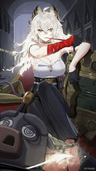 1girl 2others ahoge arm_strap black_choker black_gloves black_horns black_pants black_shoes black_tail blonde_hair breasts bright_pupils button_gap chilakkk choker commentary curled_horns earrings gloves hair_between_eyes high-waist_pants highres horns jewelry key_earrings large_breasts long_hair looking_to_the_side mole mole_on_breast mole_under_eye multiple_others necktie_around_wrists pants red_eyes revision scar shield shirt shirt_tucked_in shoes solo_focus torn_clothes torn_shirt white_pupils white_shirt wuthering_waves zani_(wuthering_waves)