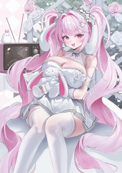 1girl alice_(marchen_dream)_(nikke) alice_(nikke) breasts cleavage commentary_request crt dress flower goddess_of_victory:_nikke hair_ornament highres holding holding_stuffed_toy laevan large_breasts long_hair looking_at_viewer official_alternate_costume open_mouth pink_eyes pink_flower pink_hair pink_rose rabbit_hair_ornament rose sitting smile solo stuffed_animal stuffed_toy thighhighs thighs twintails very_long_hair white_dress white_flower white_rose white_thighhighs