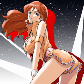 1980s_(style) 1girl angel_omachi armlet ass blue_eyes breasts earrings female_focus ginga_senpuu_braiger haruyama_kazunori hoop_earrings j9_series jewelry large_breasts lowres machiko_valencia oldschool orange_hair retro_artstyle science_fiction short_shorts shorts solo watch wristwatch