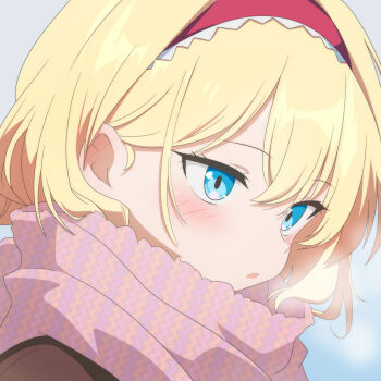 1girl alice_margatroid alternate_costume blonde_hair blue_eyes blush breath cato_(monocatienus) commentary_request frilled_hairband frills hairband highres lolita_hairband open_mouth pink_scarf red_hairband scarf solo touhou