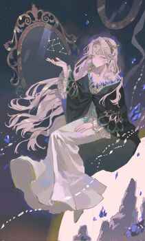 Rule 34 | 1girl, bare shoulders, beryl bouanich, black cloak, blue eyes, cloak, constellation, crescent, crescent earrings, crystal earrings, dragonfly hair ornament, dress, earrings, floating earrings, full body, grey background, grey hair, gsga193413, hand up, hashtag-only commentary, highres, invisible chair, jewelry, long dress, long hair, looking at viewer, mirror, mismatched earrings, off shoulder, reverse:1999, sitting, solo, white dress