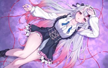 1girl black_bow black_skirt black_socks blue_ribbon bobby_socks bow breasts center-flap_bangs center_frills clothing_cutout collared_shirt commentary_request frilled_hairband frilled_shirt frilled_shirt_collar frills gradient_hair hair_between_horns hair_bow hairband hand_on_own_forehead high-waist_skirt highres hololive horns leeshin0919 lolita_fashion lolita_hairband long_hair long_sleeves looking_at_viewer lying medium_breasts miniskirt multicolored_hair nakiri_ayame nakiri_ayame_(girly) neck_ribbon official_alternate_costume on_back oni open_mouth pinstripe_socks red_eyes red_hair ribbon shirt shoulder_cutout skin-covered_horns skirt socks solo streaked_hair suspender_skirt suspenders untied_ribbon virtual_youtuber white_hair white_shirt