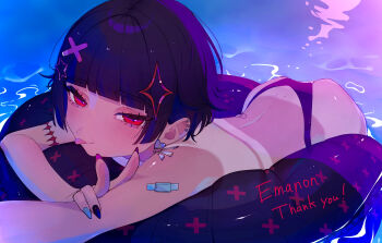 1boy :p absurdres amazu_ore bikini bikini_bottom_only black_bikini black_hair black_nails blue_nails commentary_request commission crossdressing crossdressing_(mtf) ear_piercing earrings hair_ornament heart heart_earrings highres innertube jewelry looking_at_viewer lying male_focus multicolored_nails on_innertube on_stomach original piercing pink_nails pool purple_nails red_eyes short_hair skeb_commission solo swim_ring swimsuit tan tanline tongue tongue_out trap v x_hair_ornament