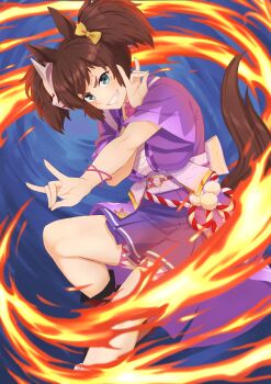 Rule 34 | 1girl, absurdres, animal ears, asymmetrical footwear, blue eyes, blush, bow, breasts, brown hair, chest sarashi, commentary request, fire, fox mask, fox shadow puppet, green eyes, grin, hair between eyes, highres, horse ears, horse girl, horse tail, inari one (inari yukari edomurasaki) (umamusume), inari one (umamusume), japanese clothes, kansaiben, kimono, large breasts, long hair, looking at viewer, mask, mask on head, mismatched footwear, open mouth, purple kimono, purple skirt, rope, row (kentaro 0904), sarashi, scrunchie, shimenawa, skirt, smile, solo, tail, teeth, twintails, umamusume, wrist scrunchie