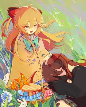 2girls :d ahoge aqua_bow aqua_bowtie bandaid bandaid_on_knee bandaid_on_leg basket black_cardigan blue_flower blue_sailor_collar blue_skirt bow bowtie brown_hair cardigan closed_eyes closed_mouth curled_up day double-parted_bangs easter easter_egg egg evil_neuro-sama floating_hair flower grey_skirt hair_between_eyes hair_ornament hair_ribbon half-closed_eyes hand_on_another's_head heart highres lap_pillow long_hair long_sleeves looking_at_another lying miniskirt multiple_girls neuro-sama nostyx_x off-shoulder_cardigan on_grass on_side open_mouth orange_flower outdoors picnic_basket pink_flower pleated_skirt rabbit red_ribbon ribbon sailor_collar siblings sidelocks sisters skirt skull_hair_ornament sleeping sleeves_past_wrists smile teeth torn_hair_ribbon twins two_side_up upper_teeth_only vedal_ai white_flower