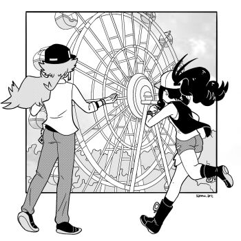 1boy 1girl baseball_cap black_border boots border bracelet collared_shirt commentary english_commentary ferris_wheel from_behind greyscale hair_flaps hair_through_headwear halftone hands_up hat high_ponytail highres hilda_(pokemon) jewelry kneehighs lone_nape_hair long_hair long_sleeves monochrome n_(pokemon) nintendo outside_border pants pokemon pokemon_bw ponytail running samu.art shirt shoes shorts sidelocks sky sneakers socks tank_top torn_clothes torn_shorts tree vest void_cube wavy_hair white_shirt wristband