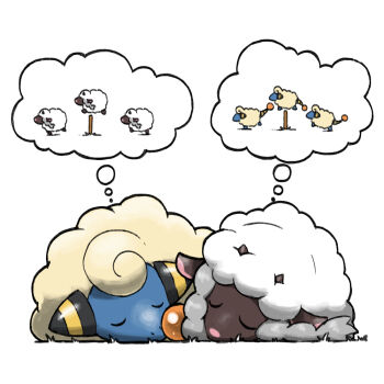 animal_focus blacknirrow closed_eyes counting_sheep dreaming fence gen_2_pokemon gen_8_pokemon mareep nintendo no_humans pokemon pokemon_(creature) pokemon_focus sheep simple_background sleeping speech_bubble thought_bubble white_background wooloo