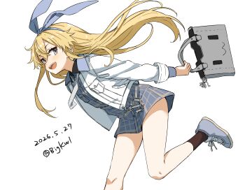 1girl :d absurdres bag bigkwl blonde_hair blue_dress blue_hairband blue_shoes blush bow_hairband breast_pocket brown_socks commentary dated dated_commentary double-parted_bangs dress foot_out_of_frame grey_eyes hair_between_eyes hairband highres holding holding_bag jacket kantai_collection long_hair long_sleeves necktie one-hour_drawing_challenge open_clothes open_jacket open_mouth plaid_clothes plaid_dress pocket running shimakaze_(kancolle) shimakaze_(lawson)_(kancolle) shoes short_dress simple_background smile sneakers socks solo standing standing_on_one_leg twitter_username white_background white_jacket white_necktie
