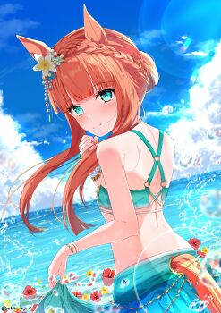Rule 34 | 1girl, absurdres, animal ears, aqua bikini, aqua eyes, back, bangle, beach, bikini, blunt bangs, blunt sidelocks, blush, bracelet, braid, breasts, closed mouth, clothing cutout, cloud, cloudy sky, commentary request, crown braid, ear flower, ear ornament, highres, hime cut, horse ears, horse girl, horse tail, jewelry, lens flare, long hair, long sidelocks, looking at viewer, looking back, ocean, orange hair, orange tail, sarong, sidelocks, silence suzuka (emerald on the waves) (umamusume), silence suzuka (umamusume), sky, small breasts, smile, solo, straight hair, swimsuit, tail, tail through clothes, umamusume, updo, wading, yukikawa juri
