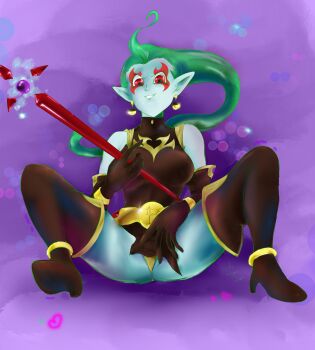 Rule 34 | absurdres, aqua hair, blue hair, blue skin, breasts, clothes lift, colored skin, demon girl, dragon ball, dragon ball heroes, dragon horns, earrings, facial mark, flatpancakesjim, gloves, grin, high heels, highres, horns, jewelry, knees up, large breasts, legs apart, long hair, long sleeves, panties, panty, pantyshot, pointy ears, ponytail, potara earrings, putine (dragon ball), red eyes, simple background, sitting, skirt, skirt lift, smile, spread legs, staff, string panties, underwear, yellow panties