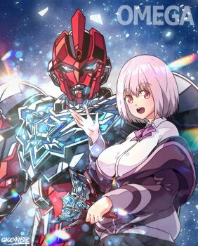 Rule 34 | 1girl, armor, blue eyes, bow, bowtie, breasts, collared shirt, color timer, colored skin, company connection, compound eyes, gao ex kaiser, glowing, glowing eyes, gridman (character), gridman (denkou choujin), gridman (ssss), gridman universe, jacket, large breasts, long sleeves, looking at viewer, multicolored skin, off shoulder, omega slugger, open mouth, purple hair, purple jacket, red eyes, red skin, school uniform, shinjou akane, shirt, short hair, silver skin, skirt, smile, ssss.gridman, tokusatsu, two-tone skin, ultra series, ultraman omega, ultraman omega (series), white shirt