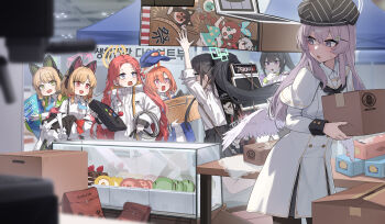 6+girls absurdly_long_hair absurdres animal_ear_headphones animal_ears aqua_halo aris_(blue_archive) baseball_cap black_hair blonde_hair blue_archive blue_hat capelet cat_ear_headphones cat_ears dress eyewear_on_headwear fake_animal_ears feathered_wings forehead green_eyes green_halo grey_eyes grey_hair hair_ornament hairclip halo hat headphones highres jacket kokukyukeo letterman_jacket long_hair long_sleeves low-tied_sidelocks midori_(blue_archive) momoi_(blue_archive) multiple_girls orange-tinted_eyewear orange_hair orange_halo pink_eyes pink_halo ponytail purple_eyes rectangular_halo red_hair rei_(blue_archive) siblings sidelocks sisters sports_sunglasses sumire_(blue_archive) sunglasses tea_party_militant_(blue_archive) tinted_eyewear twins very_long_hair white_capelet white_dress white_halo white_wings wings yellow_halo yuzu_(blue_archive)