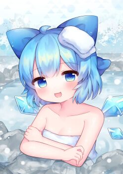 1girl :d aqua_hair bathing blue_bow blue_eyes bow breasts cirno cleavage coa_(chroo_x) collarbone commentary_request crossed_arms hair_bow highres ice ice_wings looking_at_viewer onsen open_mouth short_hair small_breasts smile snow snowing solo touhou towel towel_on_head wings winter