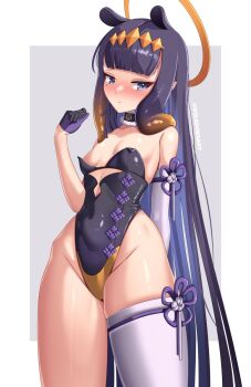 1girl adapted_costume bare_shoulders blue_eyes blunt_bangs blush breasts cleavage clothing_cutout cutout_above_navel detached_sleeves diamond_hairband gloves gradient_hair halo halo_behind_head highres hololive hololive_english leotard long_hair looking_at_viewer mole mole_under_eye multicolored_hair ninomae_ina&#039;nis ninomae_ina&#039;nis_(1st_costume) orange_hair playboy_bunny pointy_ears purple_hair sidelocks single_detached_sleeve solevisionarts solo strapless strapless_leotard tentacle_hair tentacles thighhighs very_long_hair virtual_youtuber