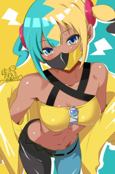 2girls bandeau belt black_belt blue_eyes canari_(pokemon) collarbone commentary_request cowboy_shot highres iono_(pokemon) jacket lightning_bolt_symbol looking_at_viewer mask mouth_mask multicolored_hair multiple_girls navel nintendo nishi_koutarou off_shoulder open_clothes open_jacket pants pokemon pokemon_legends:_z-a pokemon_sv yellow_bandeau yellow_jacket zipper zipper_pull_tab