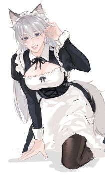 1girl 4aftrnoon absurdres animal_ears apron black_dress black_pantyhose black_ribbon blue_eyes breasts cat_ears cat_girl cat_tail cleavage cleavage_cutout clothing_cutout collared_dress dress genderswap genderswap_(mtf) grey_eyes hair_between_eyes hand_in_own_hair hashtag-only_commentary highres long_hair looking_at_viewer love_and_deepspace maid maid_headdress medium_breasts neck_ribbon pantyhose parted_lips ribbon smile solo tail twitter_username upper_body waist_apron white_apron white_background white_wrist_cuffs wrist_cuffs xavier_(love_and_deepspace)
