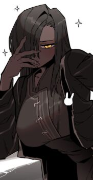 1girl absurdres black_hair blush brown_coat coat dark-skinned_female dark_skin fingernails hand_over_face highres limbus_company long_fingernails long_hair pinkboy project_moon solo sparkle yellow_eyes zilu_(project_moon)