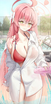 Rule 34 | 1girl, absurdres, ahoge, bikini, blue archive, blush, bottomless, braid, breasts, cleavage, collarbone, commentary request, covered navel, gradient hair, green eyes, groin, hair between eyes, halo, hanako (blue archive), hanako (swimsuit) (blue archive), haniwa (statue), highres, huge ahoge, large breasts, long hair, looking at viewer, multicolored hair, partially submerged, partially unbuttoned, pink hair, pink halo, red bikini, see-through clothes, see-through shirt, shirt, single bare shoulder, single braid, smile, solo, swimsuit, thighs, user purg4332, very long hair, white shirt