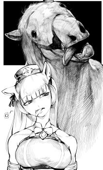 1girl animal_ears bare_shoulders blunt_bangs breasts detached_sleeves dress earmuffs gold_ship_(racehorse) gold_ship_(umamusume) greyscale hat highres horse horse_ears horse_girl large_breasts long_hair monochrome niwarhythm real_life tongue tongue_out umamusume
