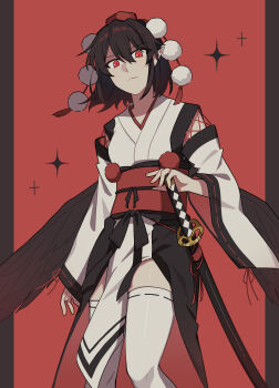 Rule 34 | 1girl, black wings, commentary request, feathered wings, hat, highres, japanese clothes, katana, kourindou tengu costume, looking at viewer, obi, pelvic curtain, pointy ears, pom pom (clothes), red background, red eyes, red sash, ribbon-trimmed sleeves, ribbon trim, sakic43899, sash, shameimaru aya, sheath, sheathed, short hair, solo, standing, sword, thighhighs, tokin hat, touhou, weapon, white thighhighs, wide sleeves, wings, zettai ryouiki