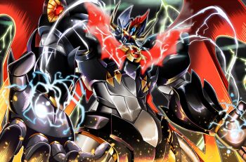 glowing glowing_eyes hawe_king mazinger_(series) mazinger_z_(mecha) mazinkaiser mazinkaiser_(robot) mecha nagai_gou nagai_gou_(style) robot sparks super_robot thunder wings