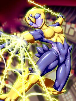 Rule 34 | alternate costume, aozame takao, blue bodysuit, blurry, blurry background, bodysuit, breasts, commentary request, cosplay, galvantula, galvantula (cosplay), gen 5 pokemon, kurodani yamame, latex, latex bodysuit, mask, medium breasts, multicolored bodysuit, nintendo, pokemon, shiny clothes, silk, skin tight, spider web, swinging on web, touhou, variant set, yellow bodysuit