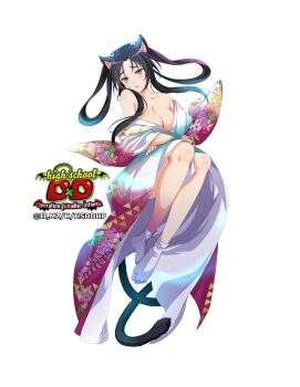 1girl absurdres animal_ears bare_shoulders black_hair breasts cat_ears cat_girl cat_tail cleavage extra_tails female_focus full_body high_school_dxd high_school_dxd_operation_paradise_infinity highres japanese_clothes kimono kuroka_(high_school_dxd) large_breasts long_hair multiple_tails no_bra off_shoulder official_alternate_costume official_art simple_background socks solo tail two_tails white_background white_kimono white_socks yellow_eyes