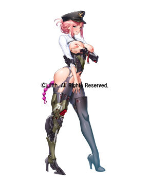 1girl black_leotard bodysuit bow braid breasts breasts_out covering_breasts covering_crotch covering_privates curvy cyborg cygnus_(taimanin_series) embarrassed full_body hat highres impossible_clothes impossible_leotard large_breasts leotard lilith-soft long_hair looking_at_viewer mechanical_legs military_hat military_uniform mole mole_under_eye official_art pink_hair purple_eyes pussy_juice shiny_skin standing sweat sword taimanin_(series) taimanin_rpgx taimanun torn_clothes weapon white_background wide_hips
