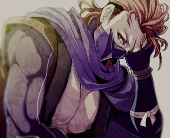 Rule 34 | 1boy, fire emblem, fire emblem fates, male focus, mask, mask on shoulder, mouth mask, ninja, ninja mask, nintendo, nipple slip, nipples, one eye closed, pectoral cleavage, pectorals, red eyes, red hair, saizo (fire emblem), scar, scar across eye, scar on face, scarf, tsuko (25mnts)