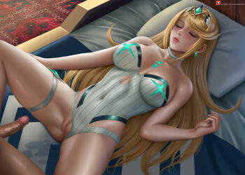1girl alexander_dinh artist_name bare_shoulders blonde_hair blush breasts chest_jewel choker closed_eyes clothed_female_nude_male clothing_aside core_crystal_(xenoblade) covered_navel earrings hetero jewelry large_breasts lips long_hair lying mythra_(radiant_beach)_(xenoblade) mythra_(xenoblade) nude on_back one-piece_swimsuit parted_lips patreon_logo patreon_username penis pillow pussy sleeping solo_focus spread_legs strapless strapless_one-piece_swimsuit swept_bangs swimsuit swimsuit_aside thigh_strap tiara very_long_hair watermark web_address xenoblade_chronicles_(series) xenoblade_chronicles_2