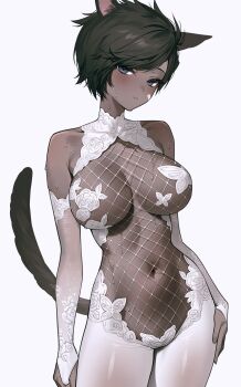 1girl absurdres animal_ears bare_shoulders black_hair blue_eyes blush bodystocking breasts bridal_gauntlets cat_ears cat_tail closed_mouth commentary_request cowboy_shot dark-skinned_female dark_skin fishnet_bodystocking fishnets fymrie halterneck highres large_breasts looking_at_viewer navel original short_hair simple_background sleeveless_bodystocking solo standing sweat tail white_background white_bodystocking white_bridal_gauntlets
