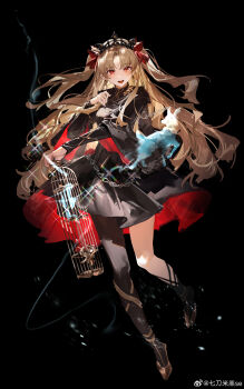 1girl 7gao :d absurdres artist_name asymmetrical_legwear black_background black_dress black_jacket blonde_hair bow cage chain curtained_hair dress earrings ereshkigal_(fate) ereshkigal_(third_ascension)_(fate) fate/grand_order fate_(series) fur-trimmed_jacket fur_trim gold_earrings hair_bow hair_intakes highres holding holding_cage jacket jewelry long_hair looking_at_viewer open_mouth red_bow red_eyes single_leg_pantyhose smile solo tiara two-sided_dress two-sided_fabric two-sided_jacket two-tone_dress two_side_up uneven_legwear watermark weibo_watermark