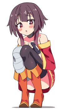 1girl :o asymmetrical_legwear bandaged_leg bandages bare_shoulders black_choker black_gloves black_thighhighs blush blush_stickers boots bright_pupils brown_hair choker collarbone commentary_request dress fingerless_gloves full_body gloves highres kono_subarashii_sekai_ni_shukufuku_wo! long_sleeves looking_at_viewer megumin mismatched_legwear noyama_takenoko off_shoulder open_mouth red_dress red_eyes short_dress short_hair short_hair_with_long_locks sidelocks simple_background single_thighhigh solo squatting thighhighs white_background