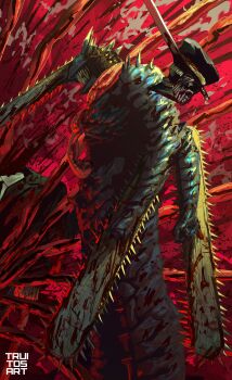 2boys absurdres artist_name blood blood_on_body chainsaw chainsaw_devil chainsaw_man extra_arms highres intestines katana_man_(chainsaw_man) male_focus multiple_boys open_mouth severed_head sharp_teeth solo_focus teeth truitosart