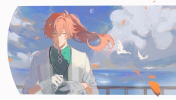 Rule 34 | 1boy, bird, blue sky, border, chaldea logo, chaldea uniform, closed mouth, cloud, coat, commentary, crossed bangs, day, facing viewer, falling petals, fate/grand order, fate (series), film grain, gloves, green coat, green eyes, grey border, hair between eyes, hands up, high ponytail, highres, id card, lanyard, long hair, looking down, male focus, moon, multicolored coat, orange hair, outdoors, petals, ponytail, railing, removing glove, romani archaman, sky, sleeves rolled up, smile, solo, two-tone coat, upper body, water, white bird, white coat, white gloves, wind, yu 4444fg