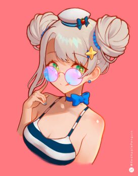 1girl :q adjusting_eyewear blue-tinted_eyewear blue_bow blue_nails bow breasts cleavage closed_mouth cropped_torso double_bun goddess_of_victory:_nikke green_eyes grey_hair hair_bun hair_ornament hat hat_bow highres looking_at_viewer medium_breasts mini_hat nail_polish neon_(nikke) pink-framed_eyewear red_background red_ringo round_eyewear sailor_hat short_hair simple_background sleeveless smile solo sparkling_eyes sunglasses tinted_eyewear tongue tongue_out upper_body white_hat