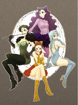 Rule 34 | 1990s (style), 4girls, ass, bare shoulders, beruche (sailor moon), bishoujo senshi sailor moon, bishoujo senshi sailor moon r, black gloves, black moon clan, blue eyes, blue footwear, blue gloves, blue hair, boots, braid, braided bangs, braided ponytail, brown eyes, brown hair, calaveras (sailor moon), cone hair bun, crescent, crescent facial mark, crescent moon, earrings, facial mark, forehead mark, gloves, green eyes, green hair, hair bun, hair ribbon, heart, high heels, holding, holding riding crop, jewelry, koan (sailor moon), leotard, long hair, maru (memoriatechnica), moon, multiple girls, petz (sailor moon), purple eyes, purple hair, retro artstyle, ribbon, riding crop, shoes, single braid, single hair bun, sitting, smile, thigh boots, thighhighs, whip