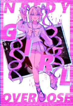 1girl absurdres blue_bow blue_eyes blue_hair blush bow chouzetsusaikawa_tenshi-chan drill_hair glitch hair_bow heart highres iridescent_clothes internet large_bow long_sleeves looking_at_viewer momokokuma multicolored_hair needy_girl_overdose open_mouth pink_bow pink_hair purple_bow screen simple_background skirt smile solo standing static strap twin_drills v white_background white_hair yellow_bow